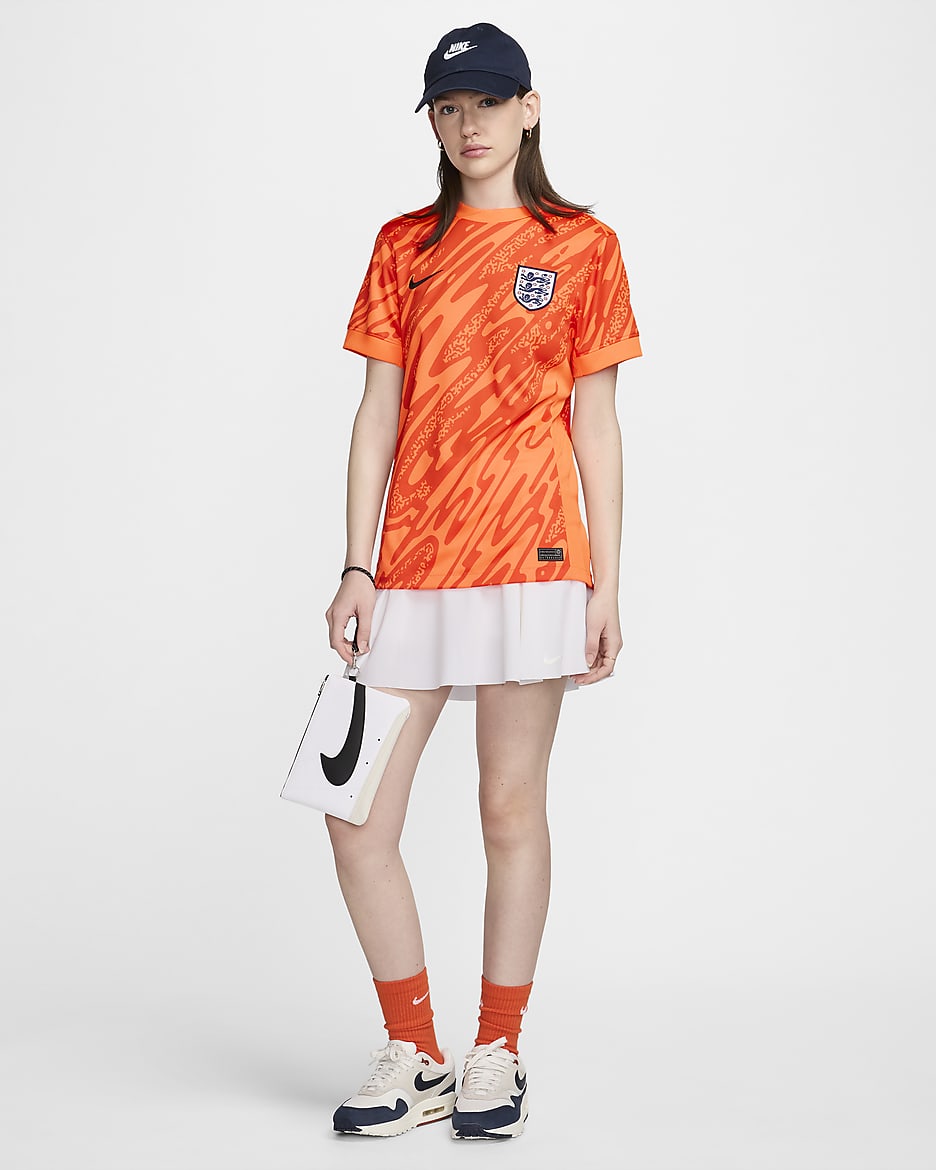 England Women s Team 2024 25 Stadium Goalkeeper Women s Nike Dri FIT Football Replica Short Sleeve Shirt Orange Polyester 50 Recycled